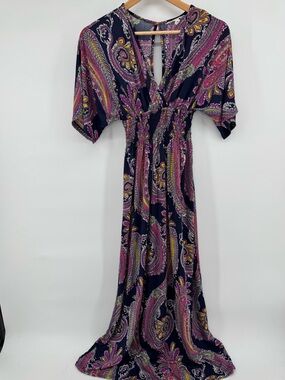 5th & Love Women's Navy Paisley Maxi Dress w Pink Yellow Accents Women's Sz Sm